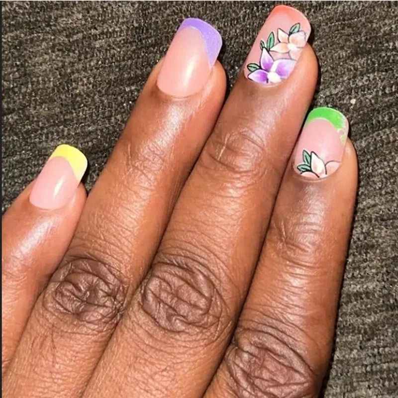 24pcs Short Square Press On Nails With Flower Design French Tip Fake Nails Spring Summer Full Cover False Nails For Women Girls