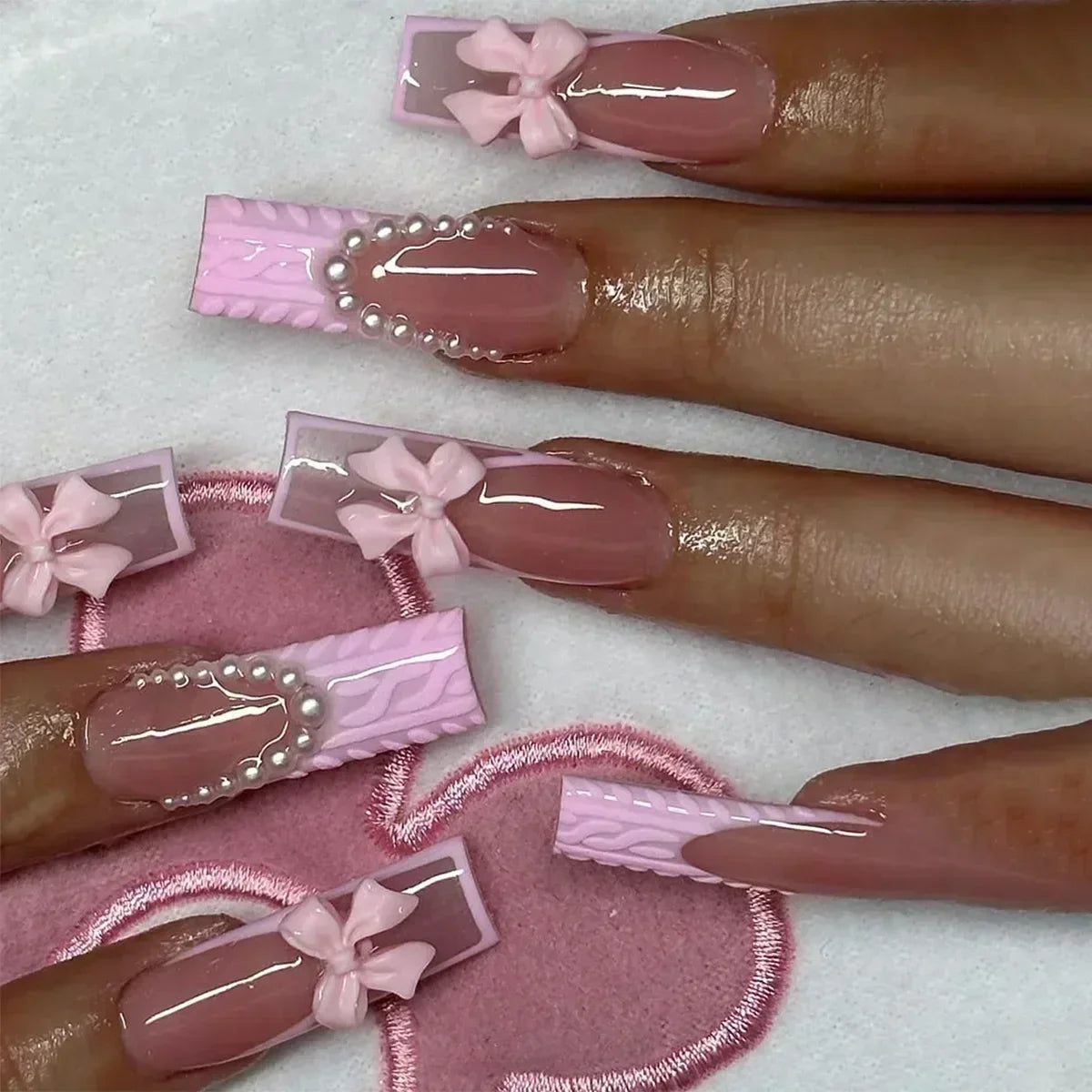 24Pcs Long Ballet False Nails Pink Butterfly with Rhinestones French Design Wearable Fake Nails Glitter Press on Nails Tips Art