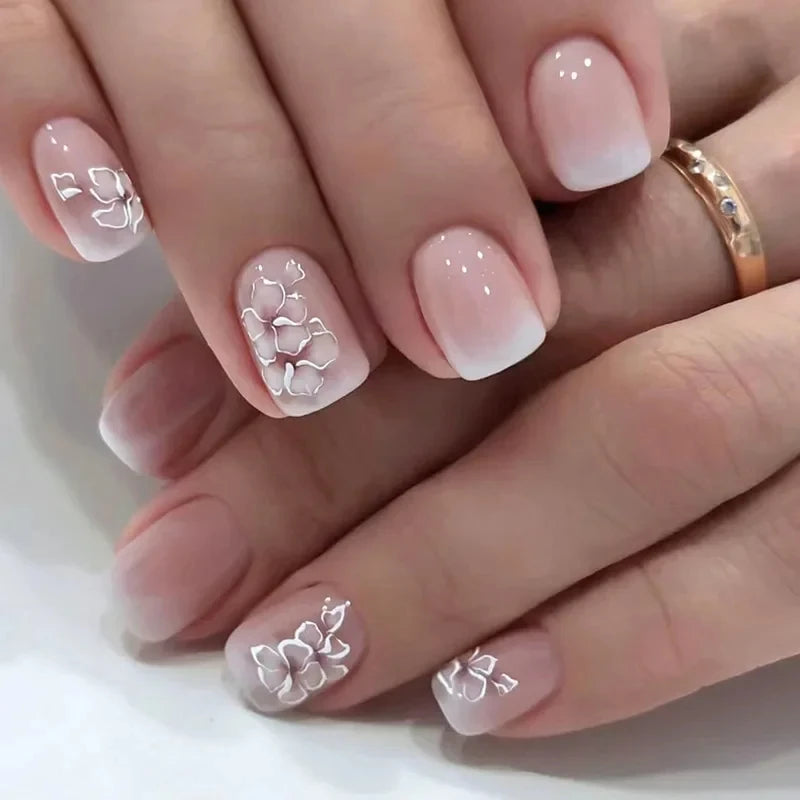 24pcs Short Square Press On Nails With Flower Design French Tip Fake Nails Spring Summer Full Cover False Nails For Women Girls