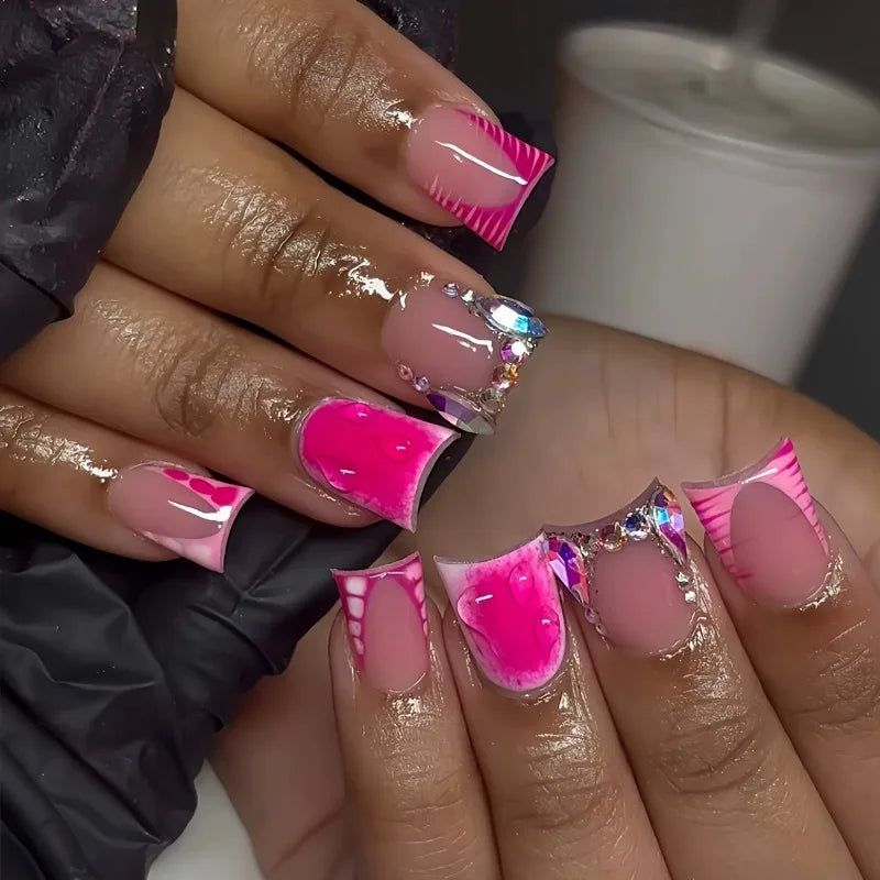 24pcs short duckbill false nails with blue French design, star flash rhinestones, gradient y2k style.