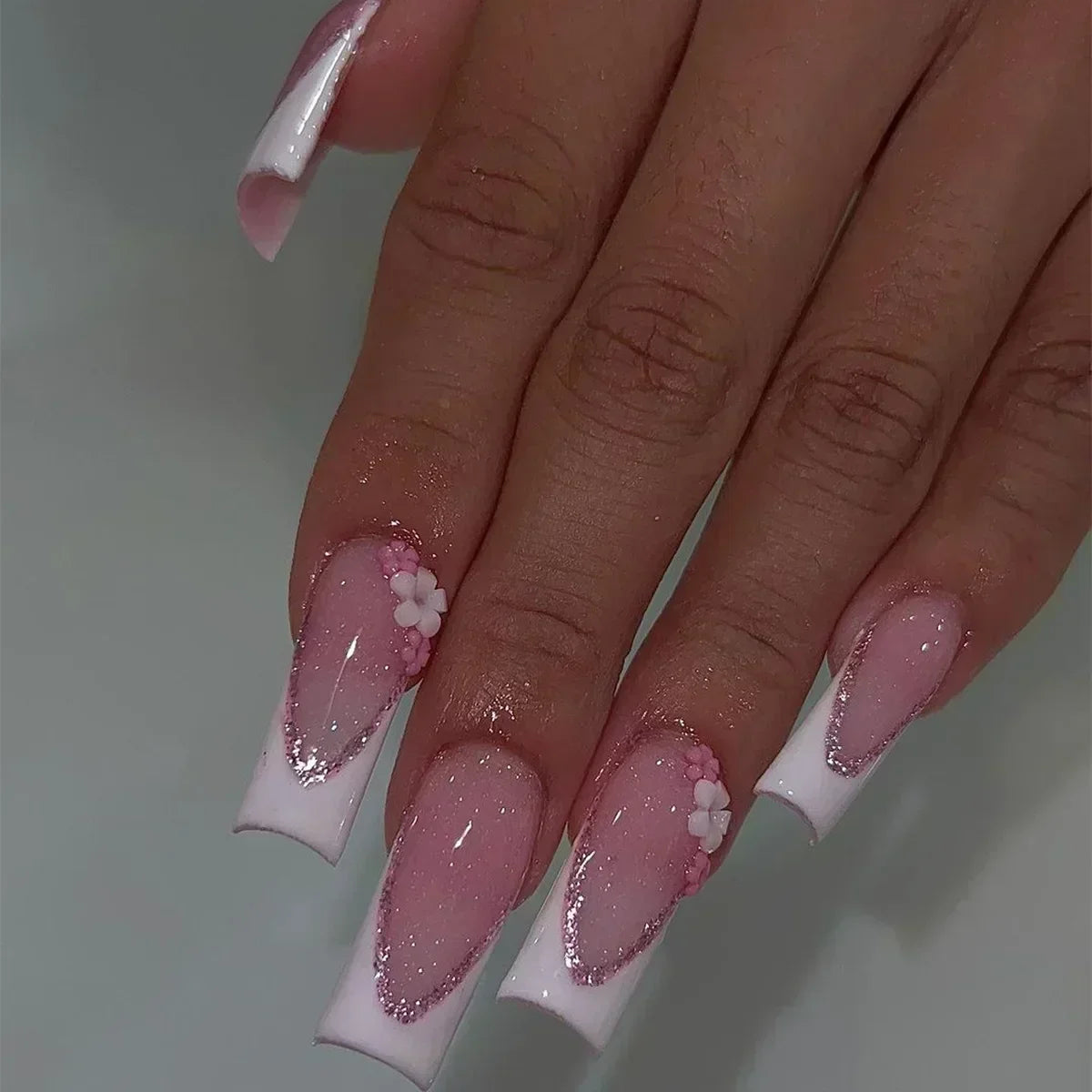 24Pcs Long Ballerina False Nails Press on Nails Serpentine Flower with Rhinestones French Fake Nails Wearable White Nail Tips