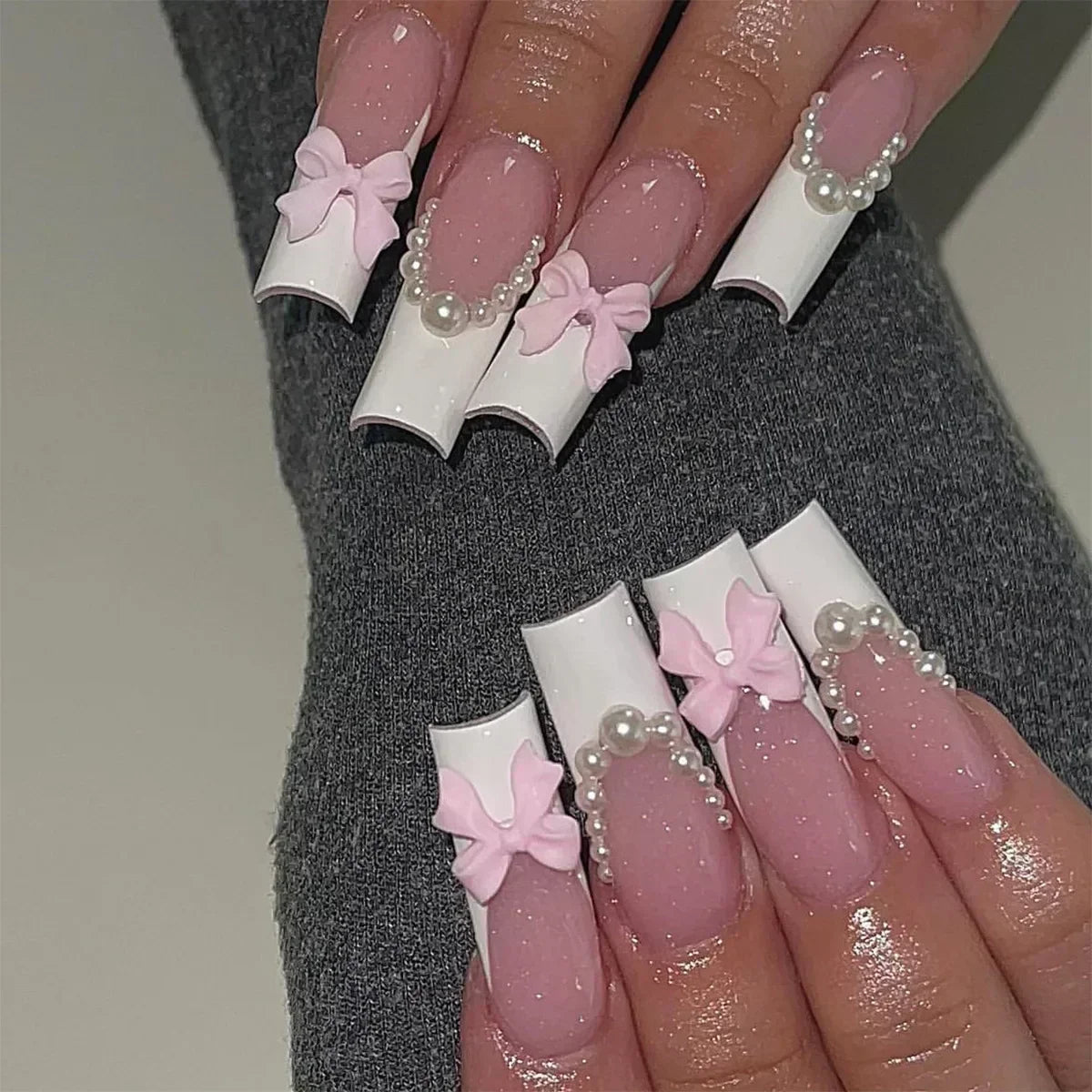 24Pcs Long Ballet False Nails Pink Butterfly with Rhinestones French Design Wearable Fake Nails Glitter Press on Nails Tips Art