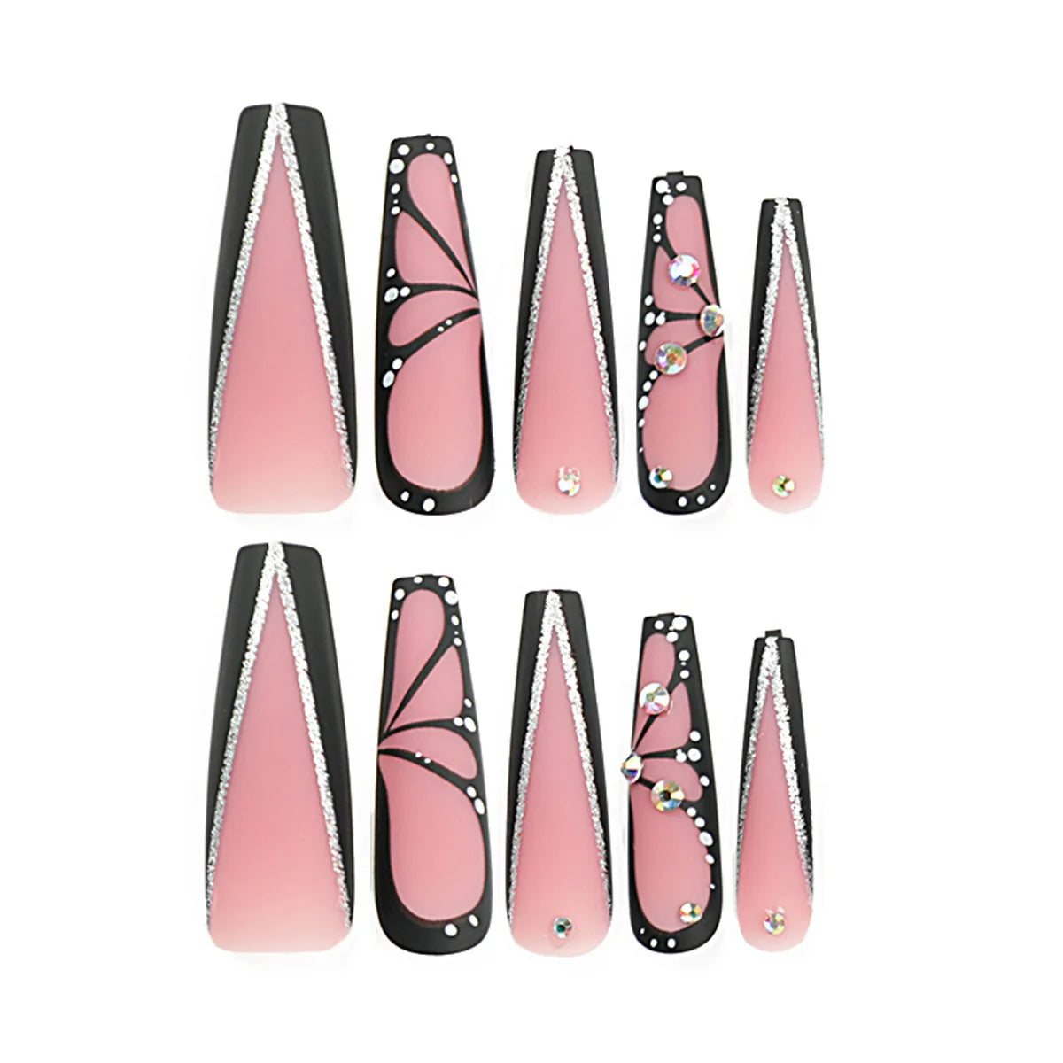 24Pcs Long Ballet False Nails Pink Butterfly with Rhinestones French Design Wearable Fake Nails Glitter Press on Nails Tips Art