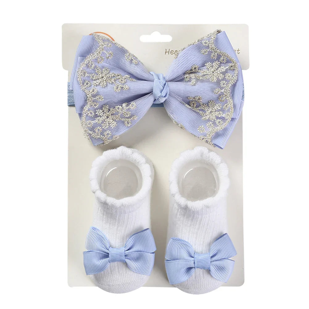 3Pcs/Set Leg Ruffled Cotton Socks Baby Girls  Kids Clothing with Lacework Toddlers Cotton Hair Ribbon Bows Sock Elastic Hairband