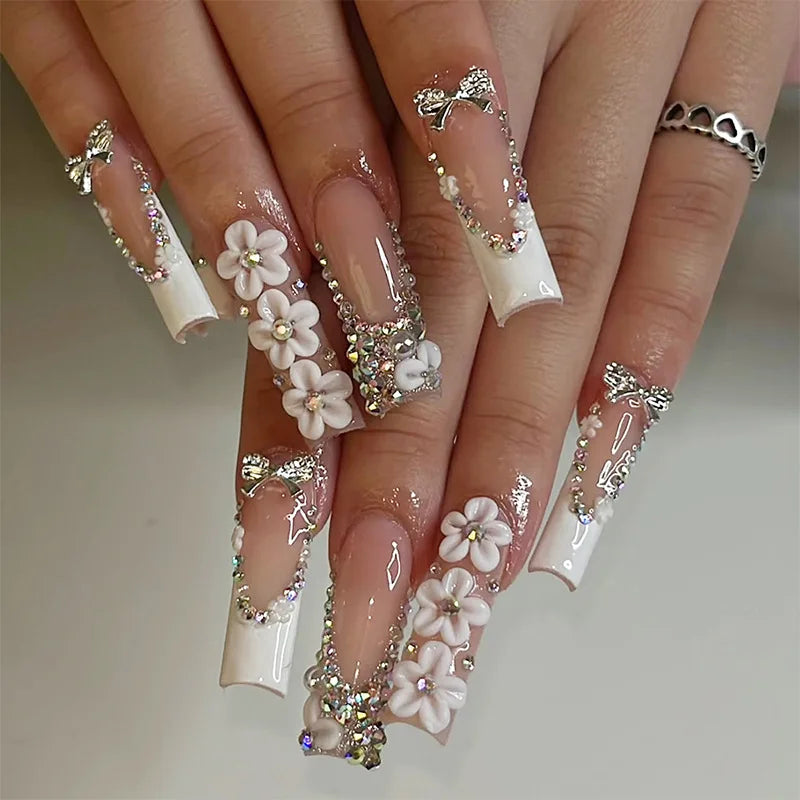 24Pcs Long Ballet False Nails Pink Butterfly with Rhinestones French Design Wearable Fake Nails Glitter Press on Nails Tips Art
