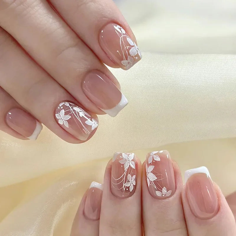 24pcs Short Square Press On Nails With Flower Design French Tip Fake Nails Spring Summer Full Cover False Nails For Women Girls