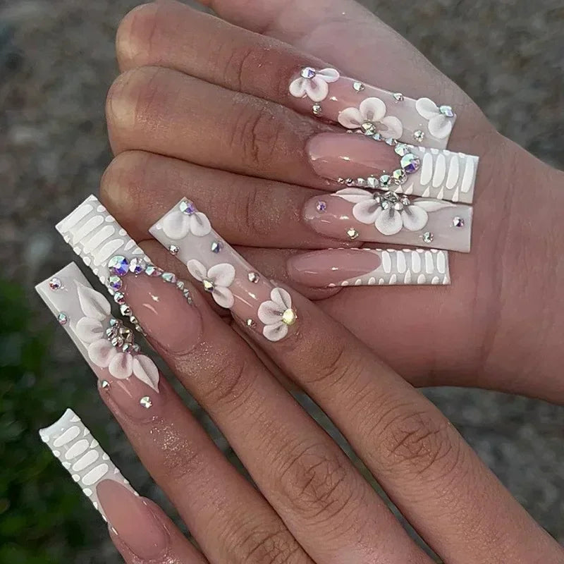 24Pcs Long Ballerina False Nails Press on Nails Serpentine Flower with Rhinestones French Fake Nails Wearable White Nail Tips
