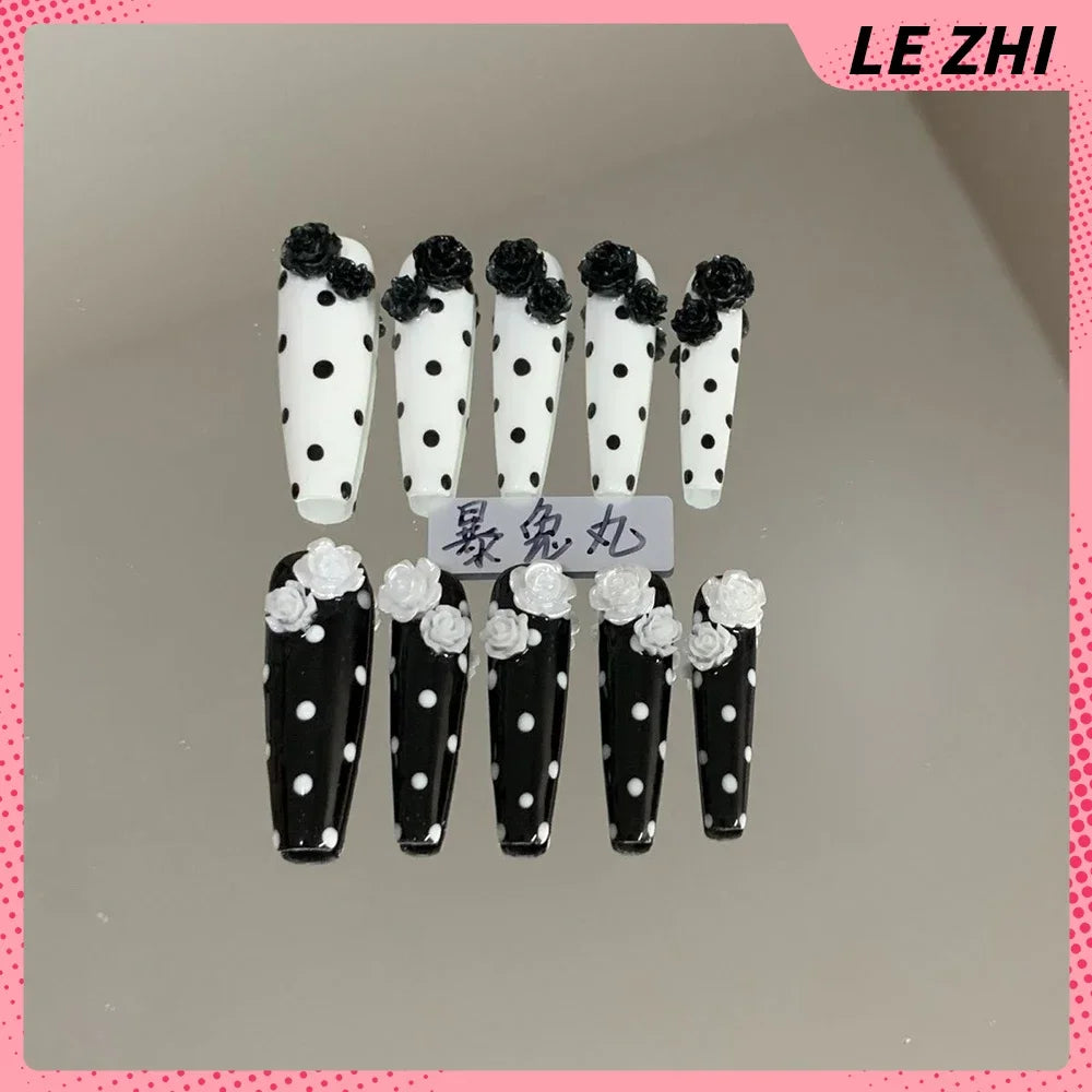 3D Punk Metal Gothic Press On Nail Art Hello Kitty Stiletto Black White Simple Camellia Design Rhinestone Nails Sticker Girls