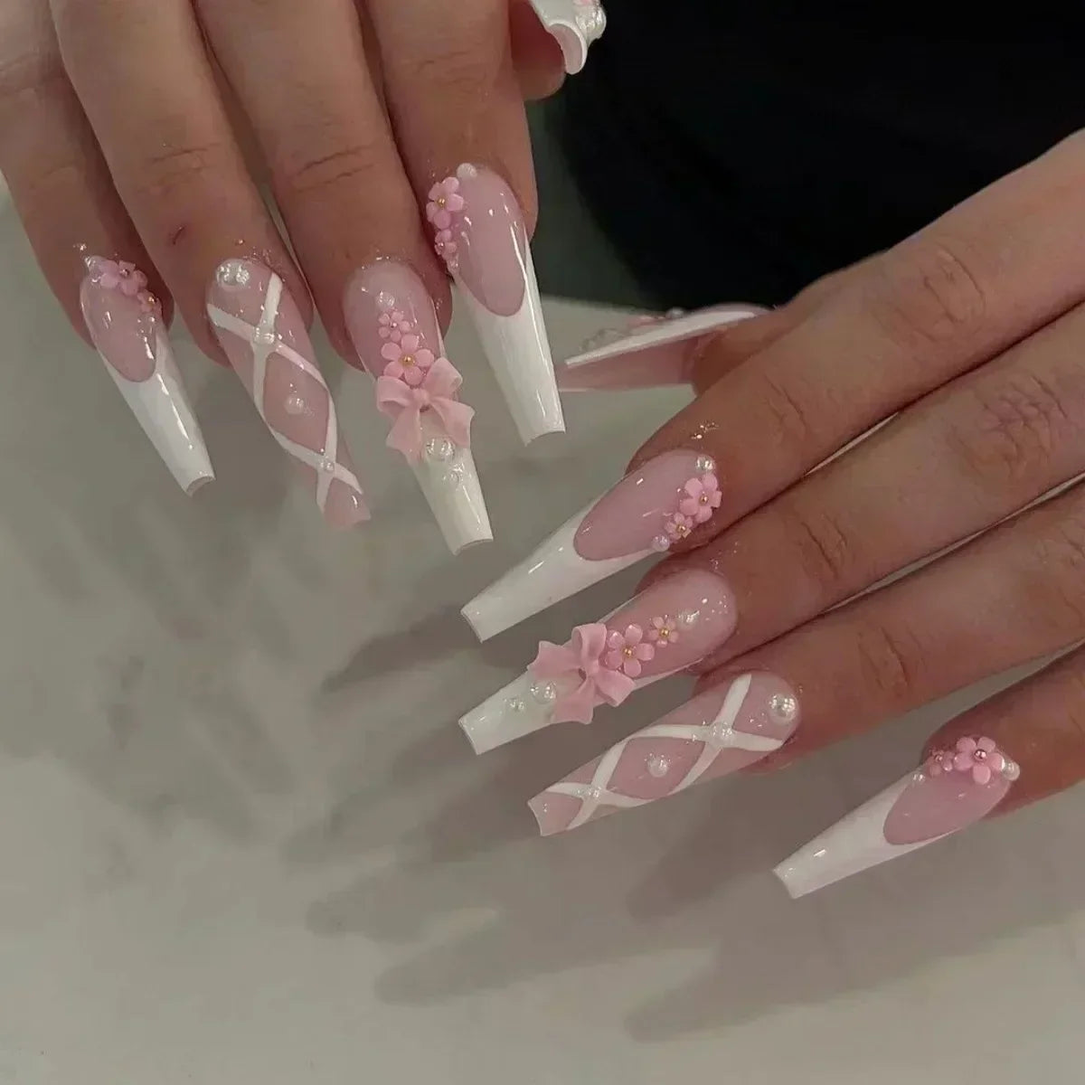 24Pcs Long Ballet False Nails Pink Butterfly with Rhinestones French Design Wearable Fake Nails Glitter Press on Nails Tips Art