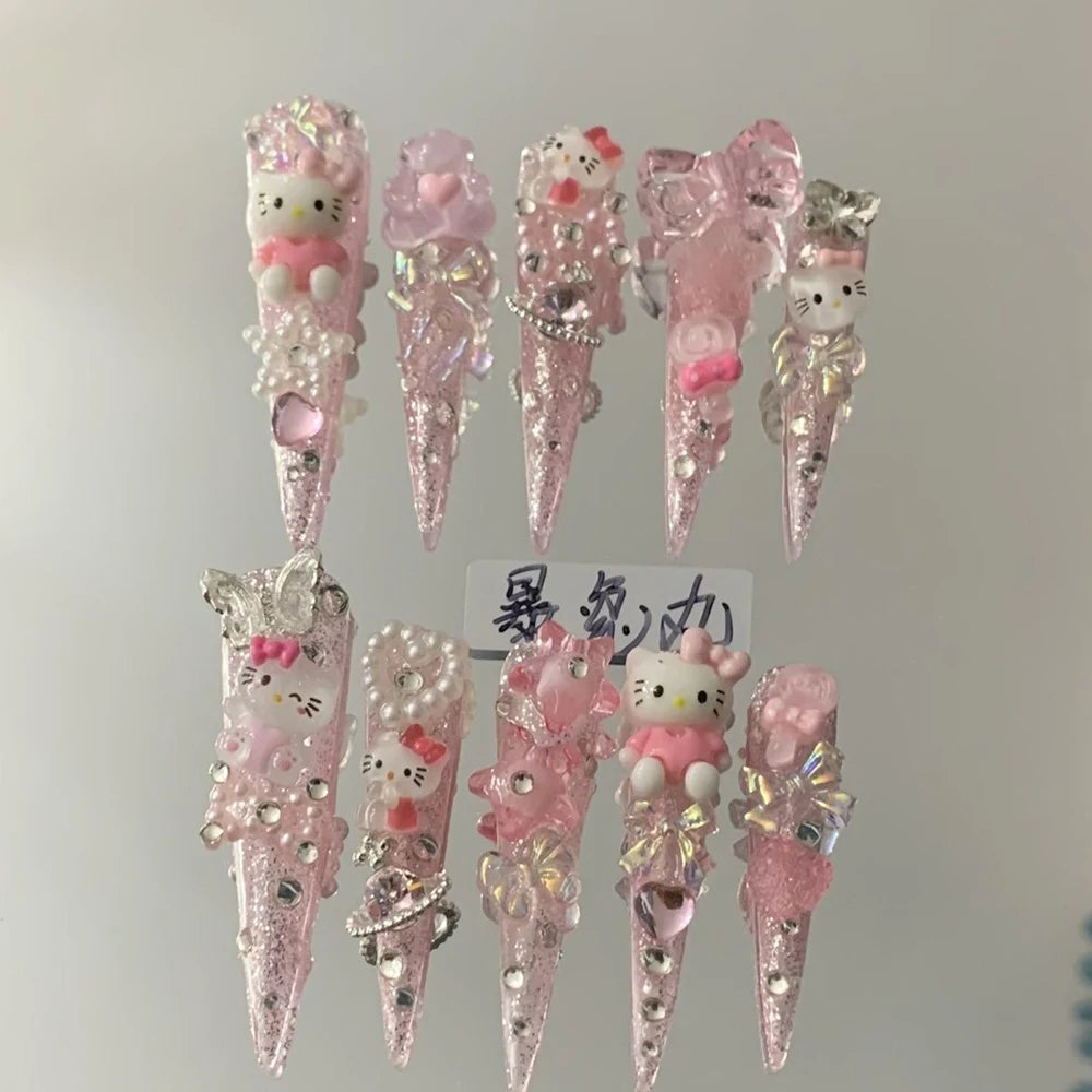 3D Punk Metal Gothic Press On Nail Art Hello Kitty Stiletto Black White Simple Camellia Design Rhinestone Nails Sticker Girls