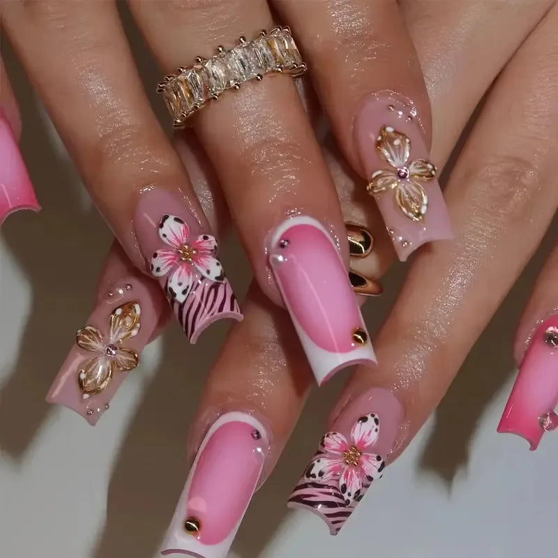 24Pcs Long Ballerina False Nails Press on Nails Serpentine Flower with Rhinestones French Fake Nails Wearable White Nail Tips
