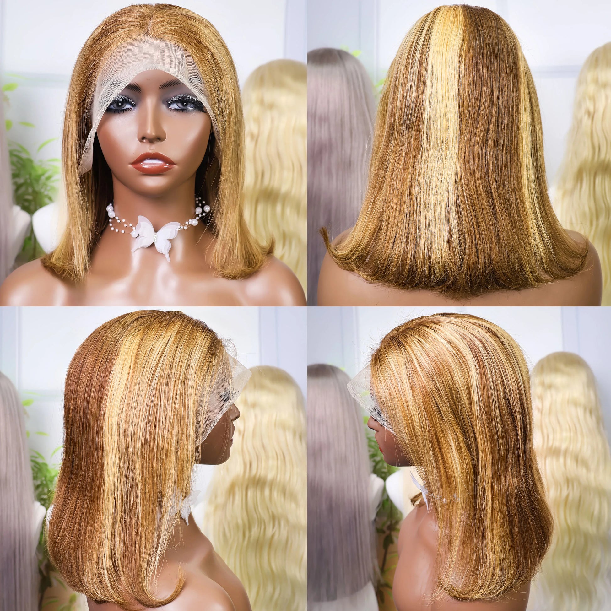 100% Human Hair 4/27 Brown Blonde 13x4 Straight Short Wig  200%Density Pre Plucked Transparent  Lace Human Hair Bob Wigs