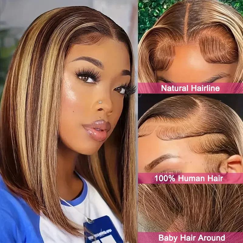 100% Human Hair 4/27 Brown Blonde 13x4 Straight Short Wig  200%Density Pre Plucked Transparent  Lace Human Hair Bob Wigs