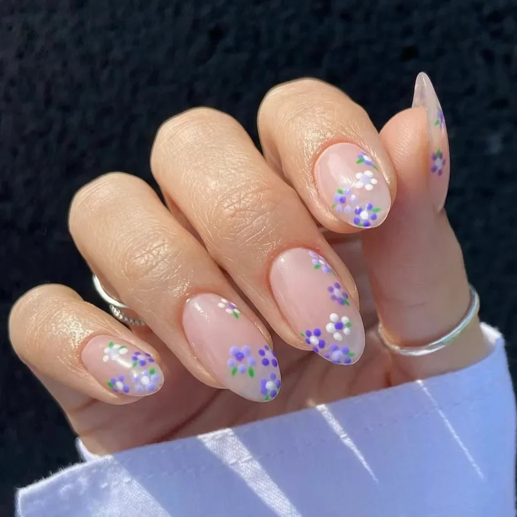 24pcs Short Square Press On Nails With Flower Design French Tip Fake Nails Spring Summer Full Cover False Nails For Women Girls