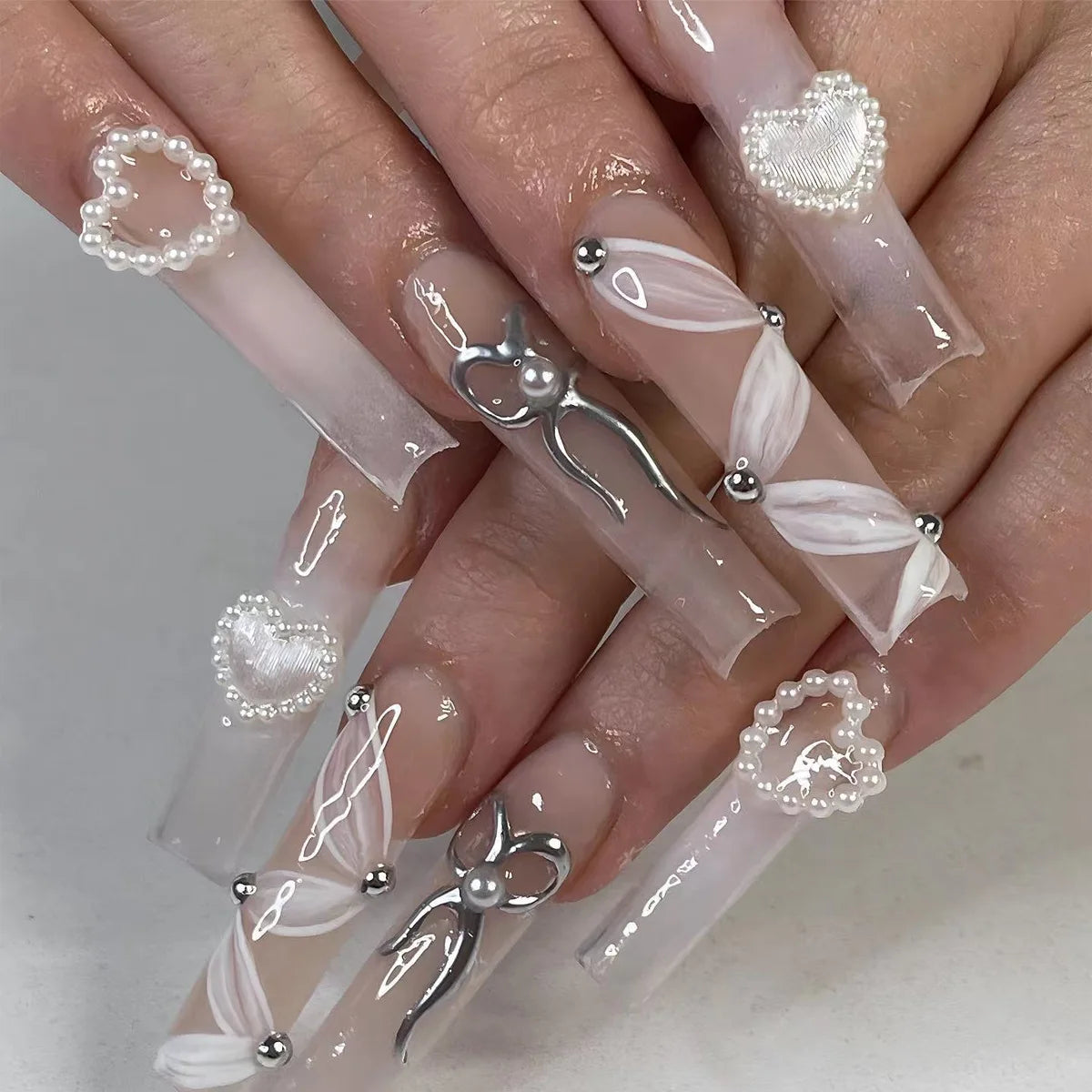 24Pcs Long Ballet False Nails Pink Butterfly with Rhinestones French Design Wearable Fake Nails Glitter Press on Nails Tips Art