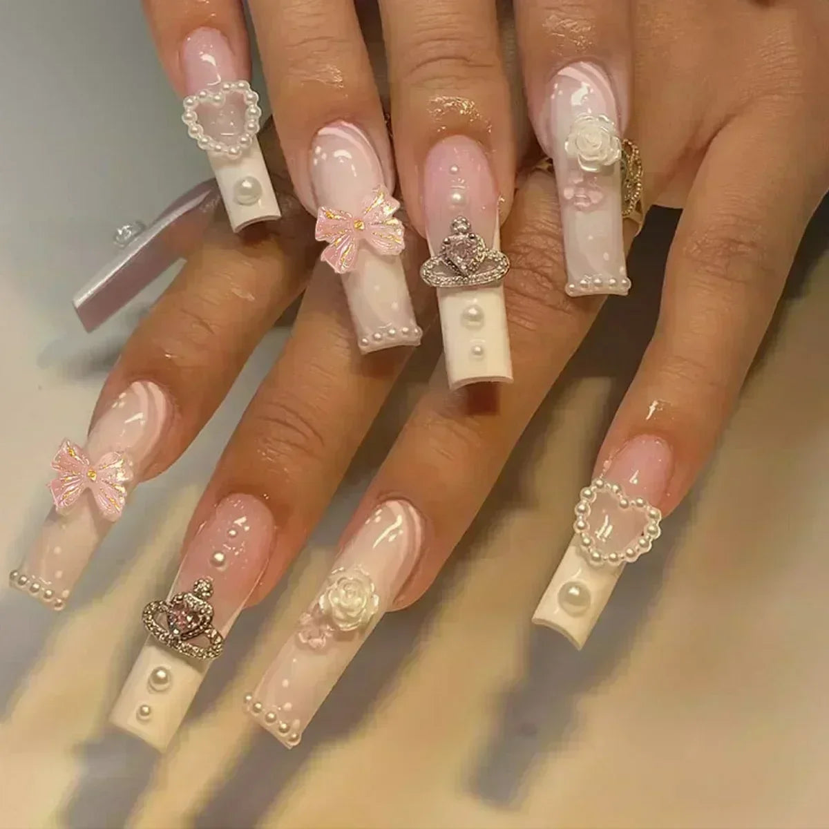 24Pcs Long Ballerina False Nails Press on Nails Serpentine Flower with Rhinestones French Fake Nails Wearable White Nail Tips