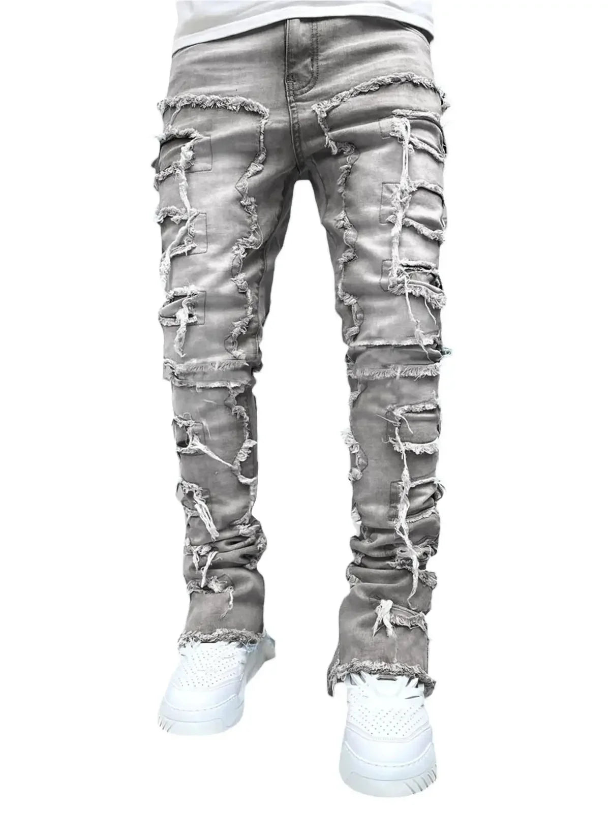 2025 Men Ripped Stacked Jeans Distressed Slim Fit Skinny Straight Leg Jeans Fashion Hip Hop Denim Pants Casual Streetwear
