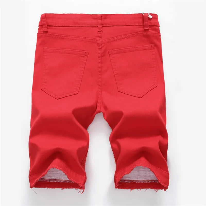 2025 Summer New Men's Jeans Shorts, Pleats and Holes Decorated Shorts, Men Blue White Black Blue Red Denim Shorts