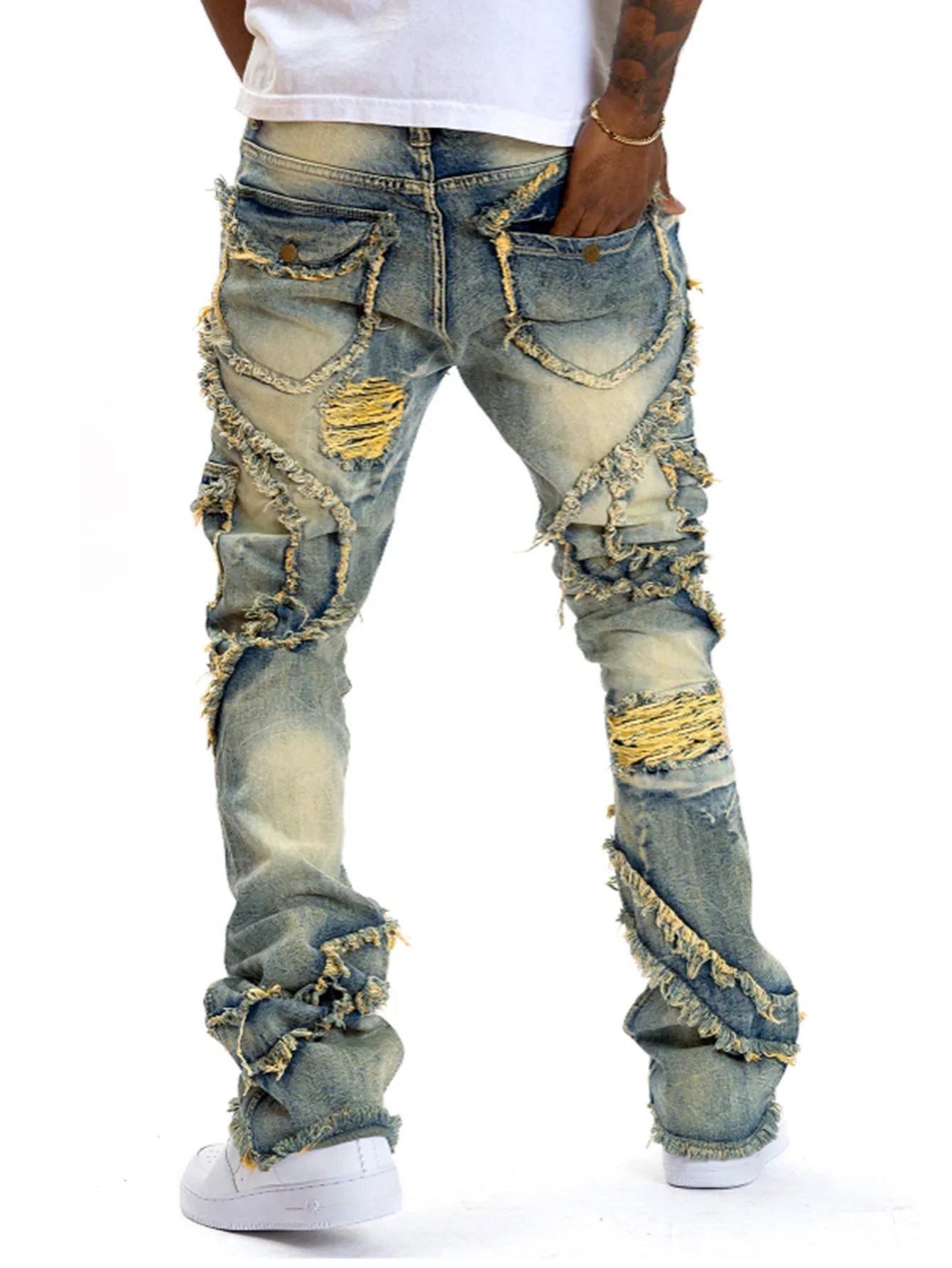 2025 New Men Ripped Stacked Jeans Distressed Slim Fit Skinny Straight Leg Jeans Fashion Hip Hop Denim Pants Casual Streetwear