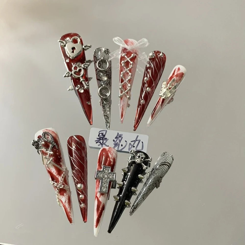 3D Punk Metal Gothic Press On Nail Art Hello Kitty Stiletto Black White Simple Camellia Design Rhinestone Nails Sticker Girls