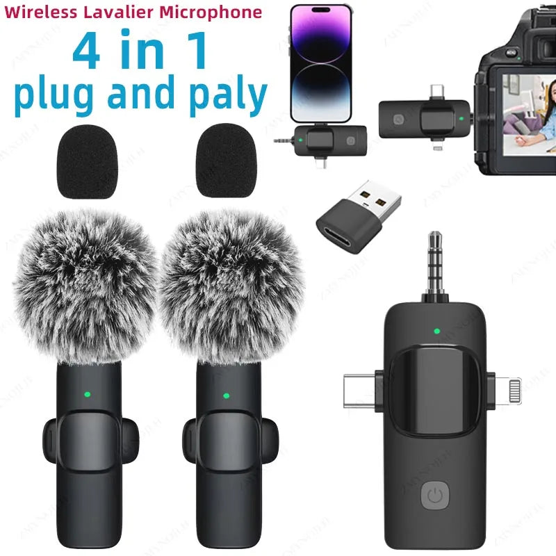 4 in 1 wireless lavalier microphone for iPhone, Android, SLR camera; intelligent noise-reducing mic with 3.5mm plug and USB adapter.