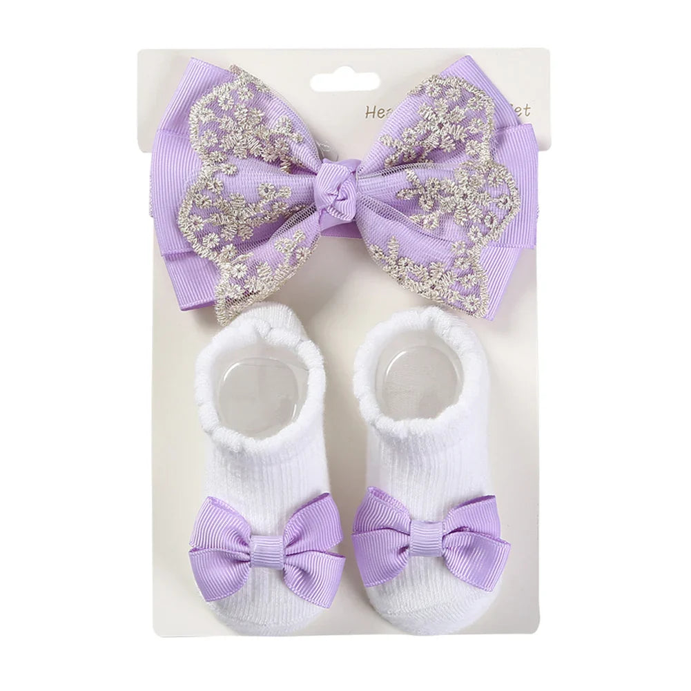 3Pcs/Set Leg Ruffled Cotton Socks Baby Girls  Kids Clothing with Lacework Toddlers Cotton Hair Ribbon Bows Sock Elastic Hairband