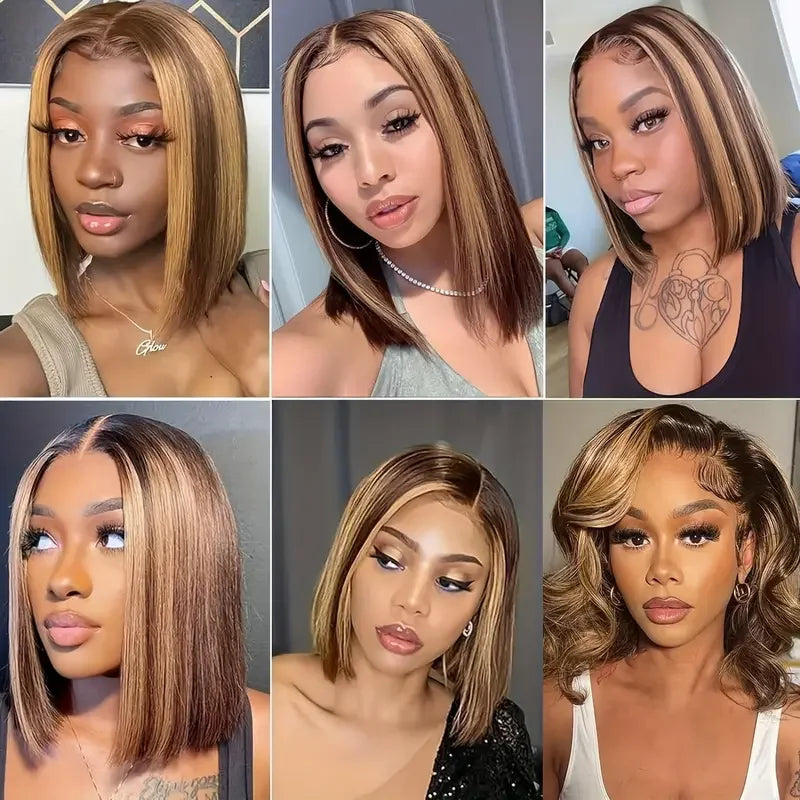 100% Human Hair 4/27 Brown Blonde 13x4 Straight Short Wig  200%Density Pre Plucked Transparent  Lace Human Hair Bob Wigs