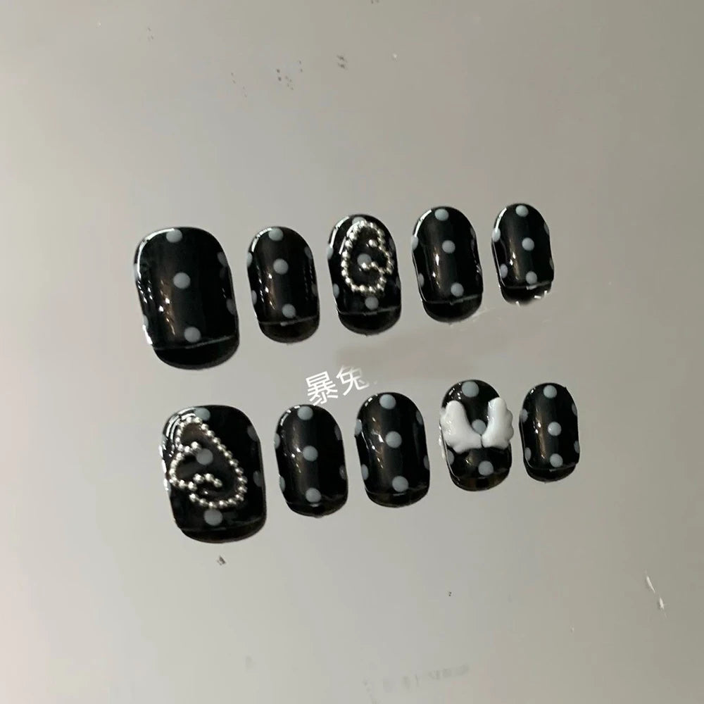 3D Punk Metal Gothic Press On Nail Art Hello Kitty Stiletto Black White Simple Camellia Design Rhinestone Nails Sticker Girls