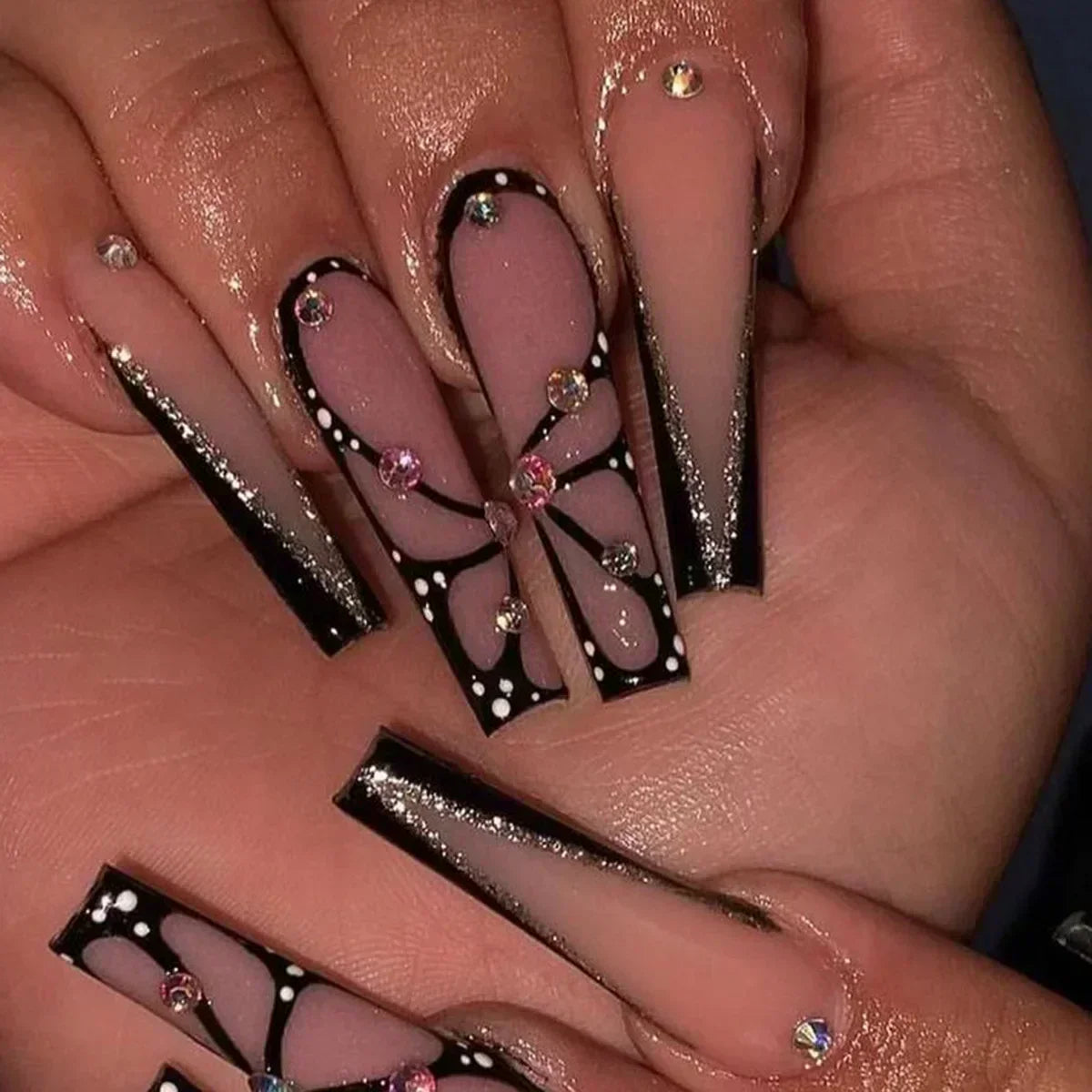 24Pcs Long Ballet False Nails Pink Butterfly with Rhinestones French Design Wearable Fake Nails Glitter Press on Nails Tips Art