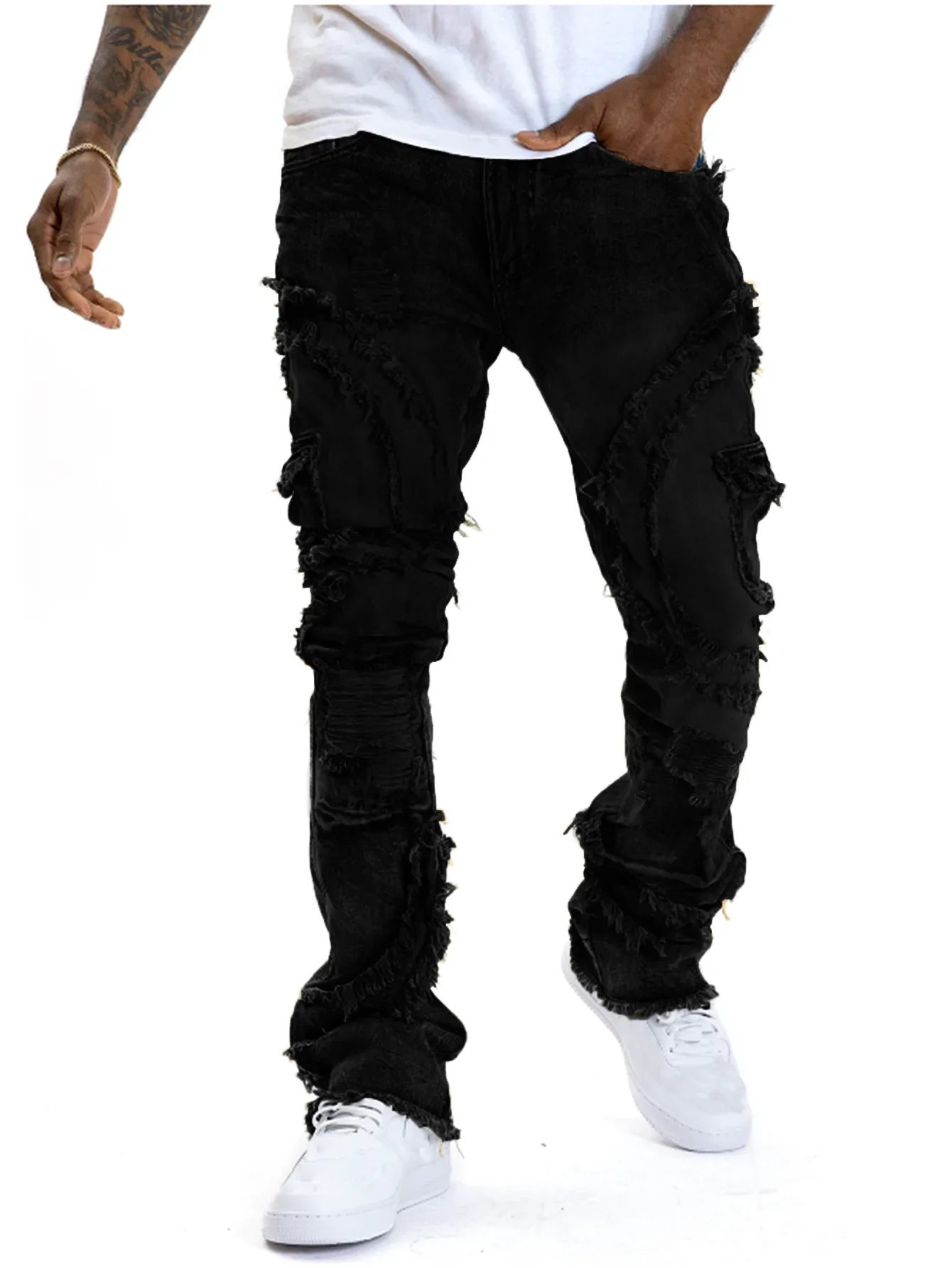 2025 New Men Ripped Stacked Jeans Distressed Slim Fit Skinny Straight Leg Jeans Fashion Hip Hop Denim Pants Casual Streetwear