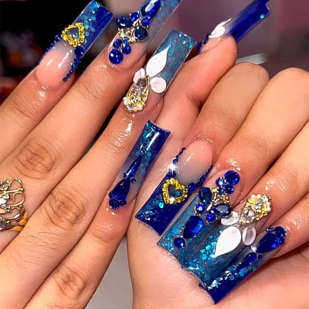 24Pcs Long Ballet False Nails Pink Butterfly with Rhinestones French Design Wearable Fake Nails Glitter Press on Nails Tips Art
