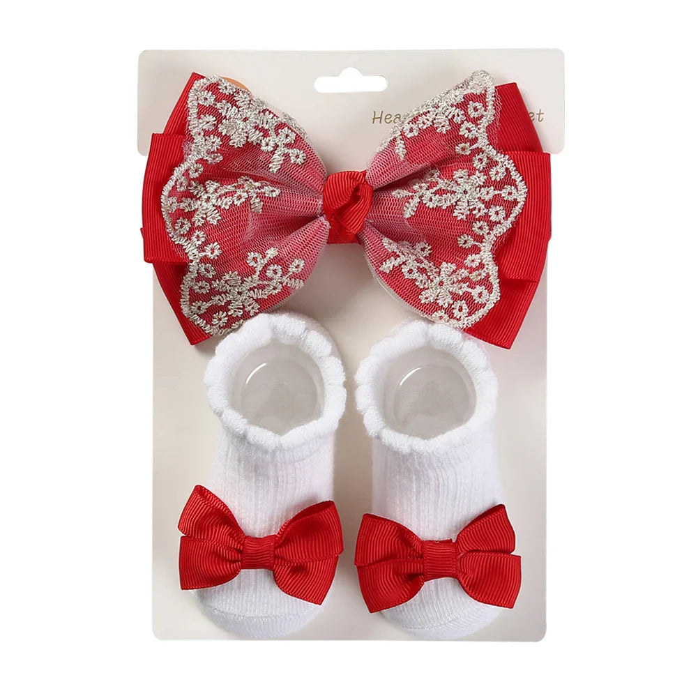 3Pcs/Set Leg Ruffled Cotton Socks Baby Girls  Kids Clothing with Lacework Toddlers Cotton Hair Ribbon Bows Sock Elastic Hairband