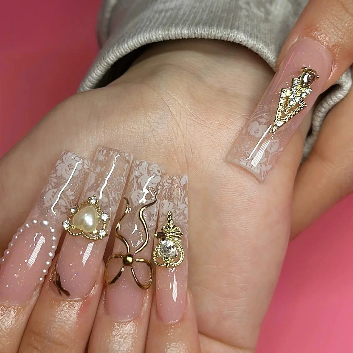 24Pcs Long Ballet False Nails Pink Butterfly with Rhinestones French Design Wearable Fake Nails Glitter Press on Nails Tips Art