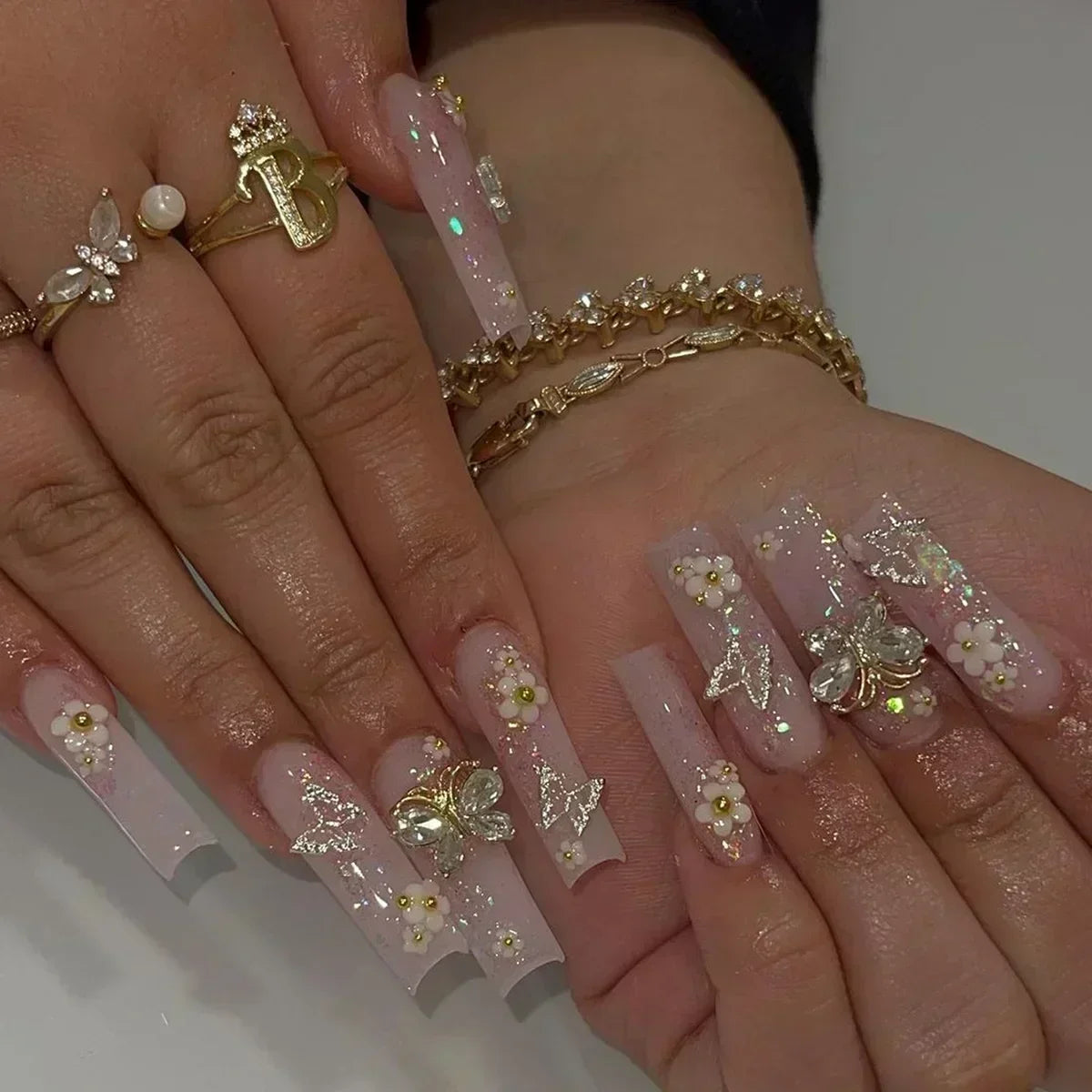 24Pcs Long Ballet False Nails Pink Butterfly with Rhinestones French Design Wearable Fake Nails Glitter Press on Nails Tips Art