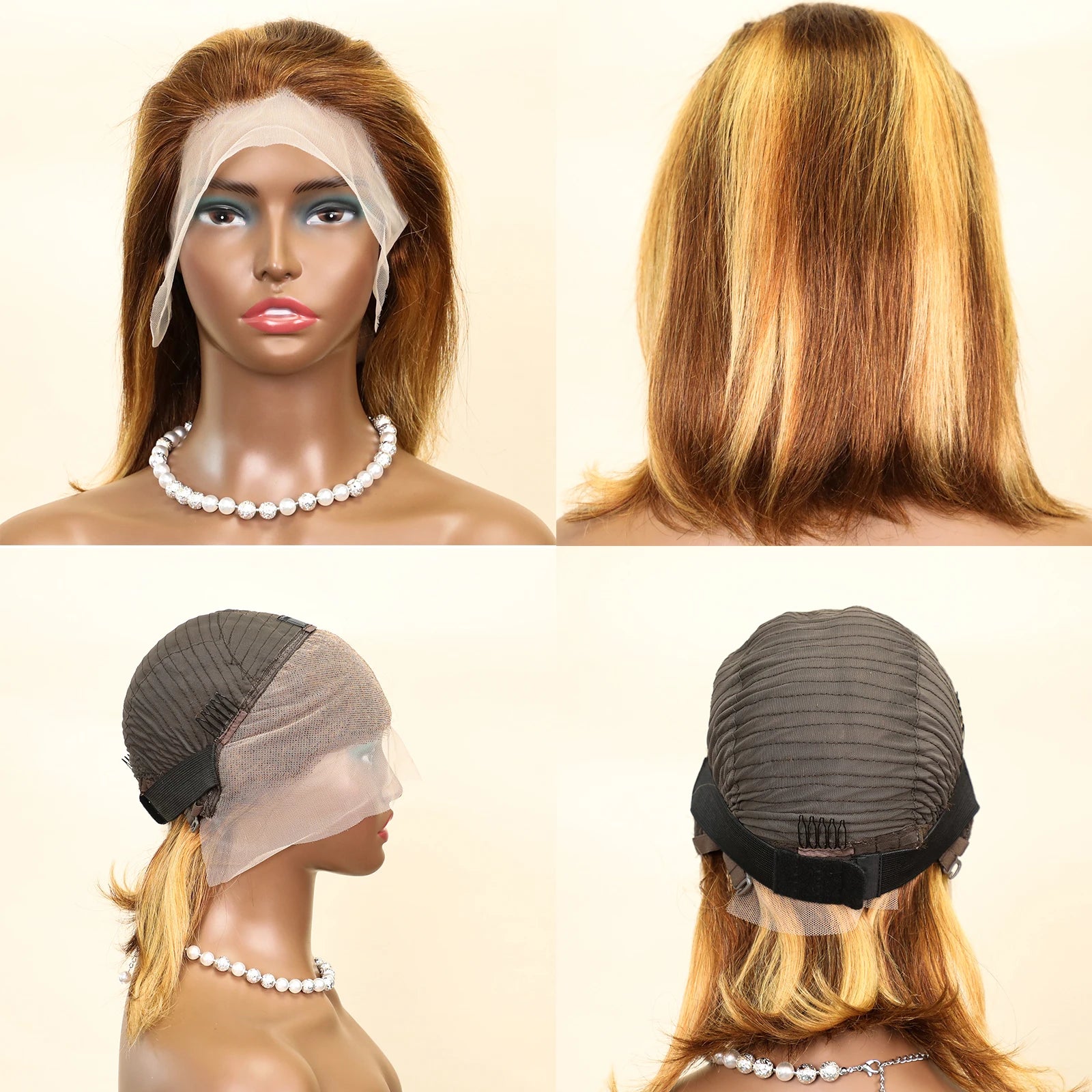100% Human Hair 4/27 Brown Blonde 13x4 Straight Short Wig  200%Density Pre Plucked Transparent  Lace Human Hair Bob Wigs
