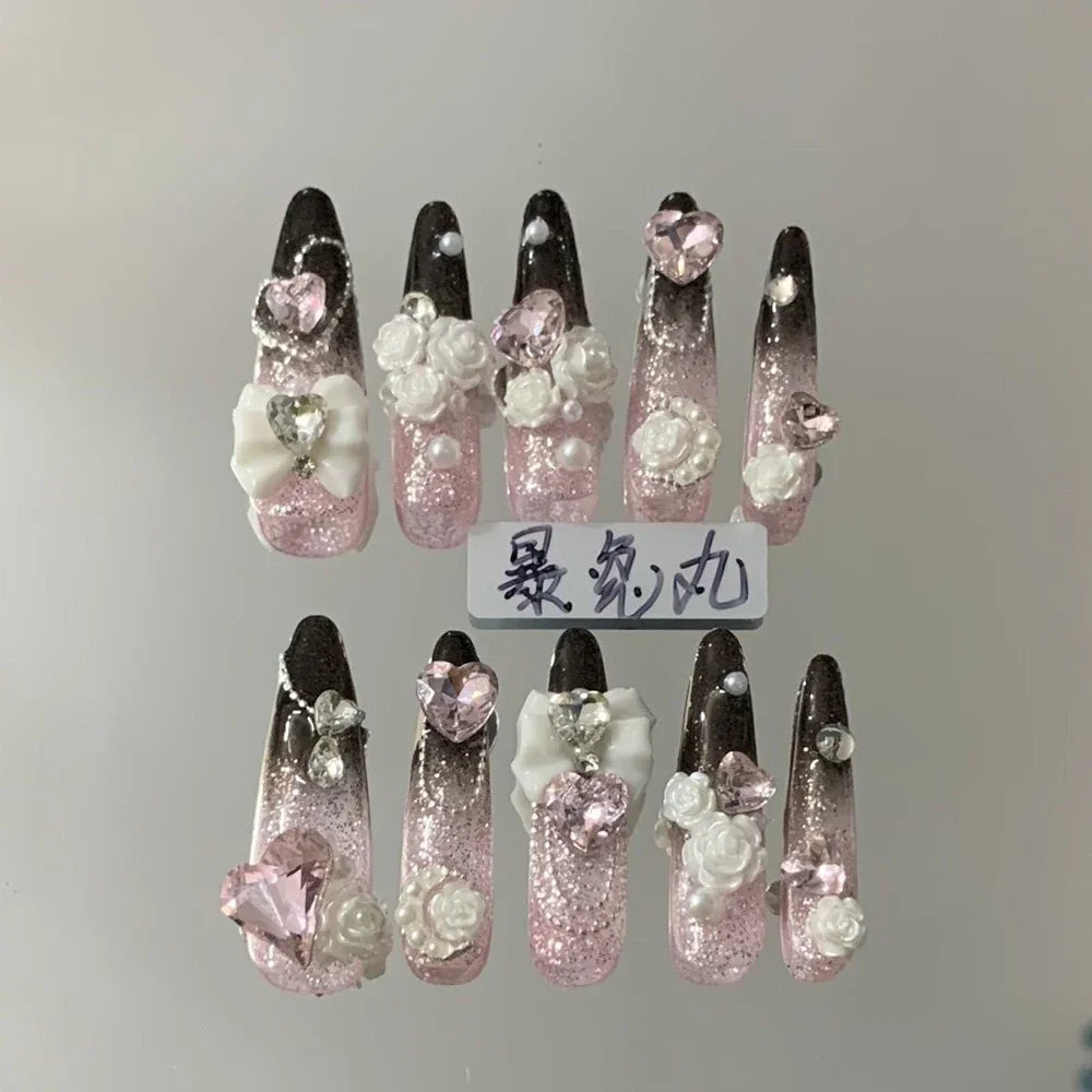 3D Punk Metal Gothic Press On Nail Art Hello Kitty Stiletto Black White Simple Camellia Design Rhinestone Nails Sticker Girls