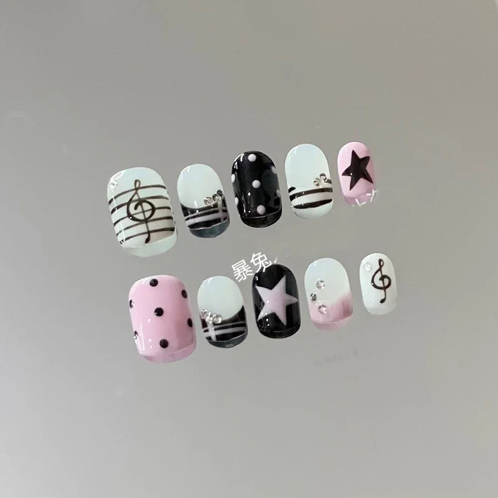 3D Punk Metal Gothic Press On Nail Art Hello Kitty Stiletto Black White Simple Camellia Design Rhinestone Nails Sticker Girls