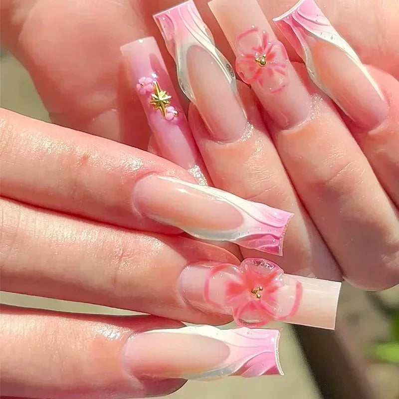 24Pcs Long Ballerina False Nails Press on Nails Serpentine Flower with Rhinestones French Fake Nails Wearable White Nail Tips