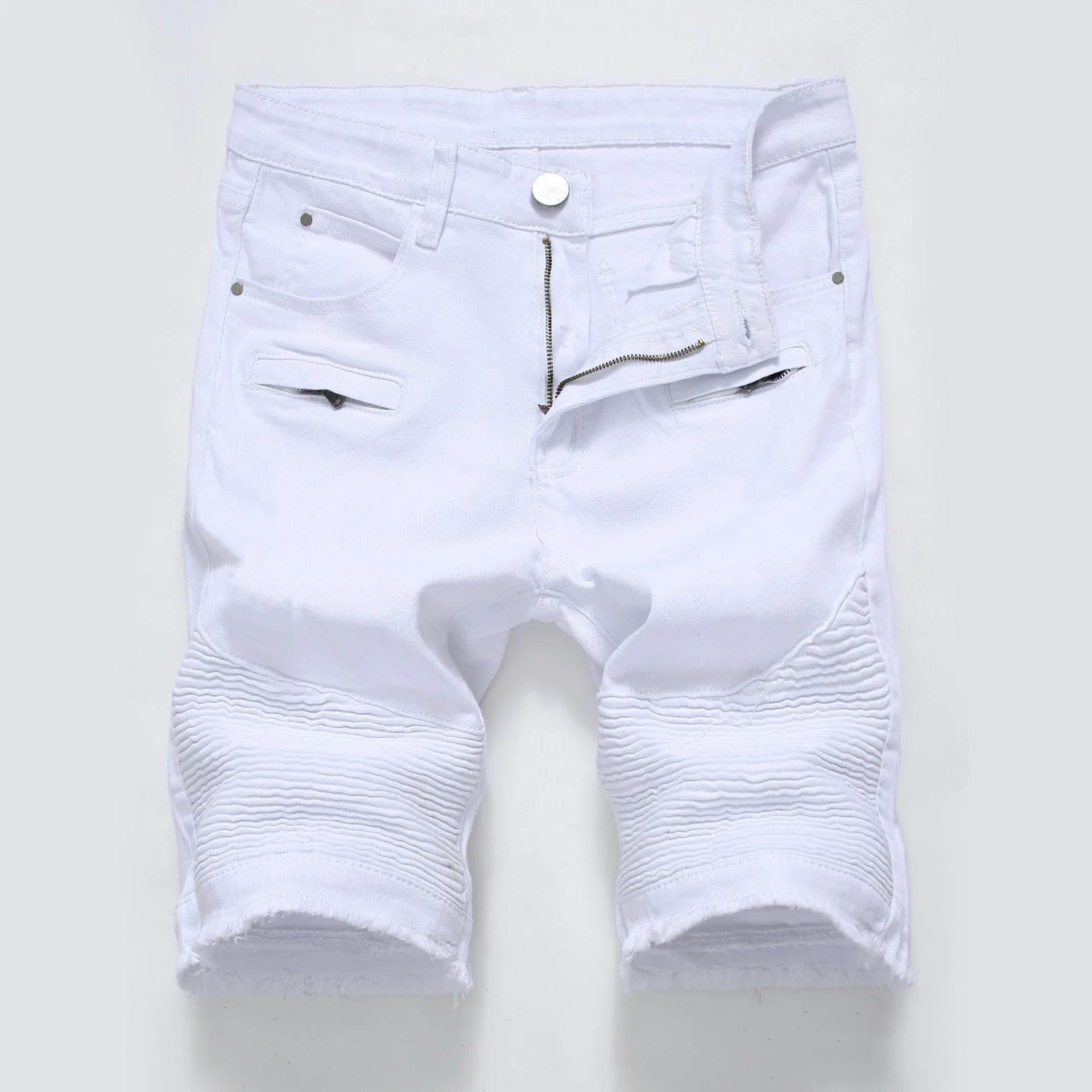 2025 Summer New Men's Jeans Shorts, Pleats and Holes Decorated Shorts, Men Blue White Black Blue Red Denim Shorts