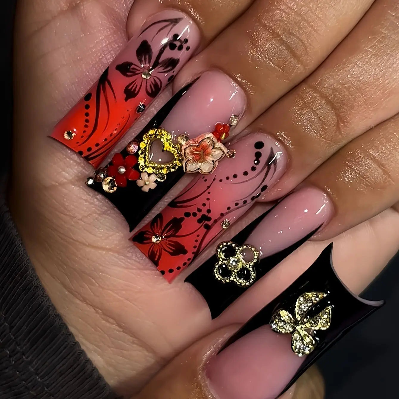 24Pcs Long Ballet False Nails Pink Butterfly with Rhinestones French Design Wearable Fake Nails Glitter Press on Nails Tips Art