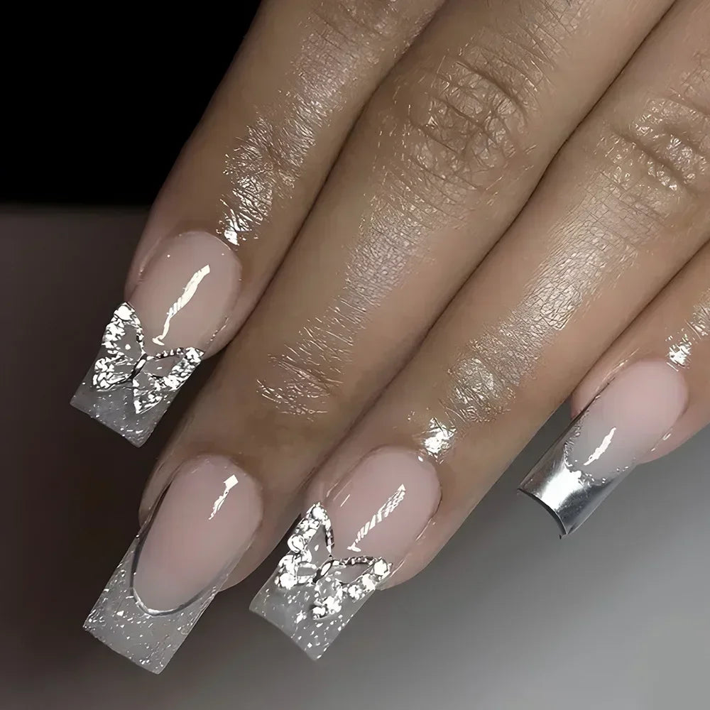 24Pcs Long Ballet False Nails Pink Butterfly with Rhinestones French Design Wearable Fake Nails Glitter Press on Nails Tips Art