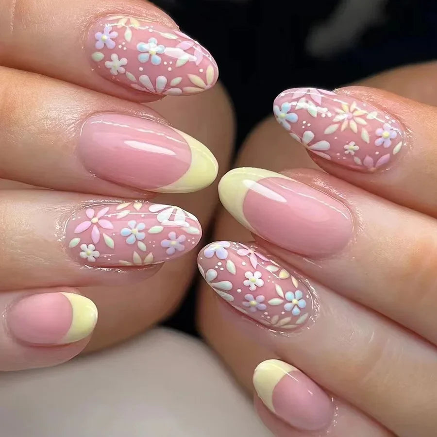 24pcs Short Square Press On Nails With Flower Design French Tip Fake Nails Spring Summer Full Cover False Nails For Women Girls
