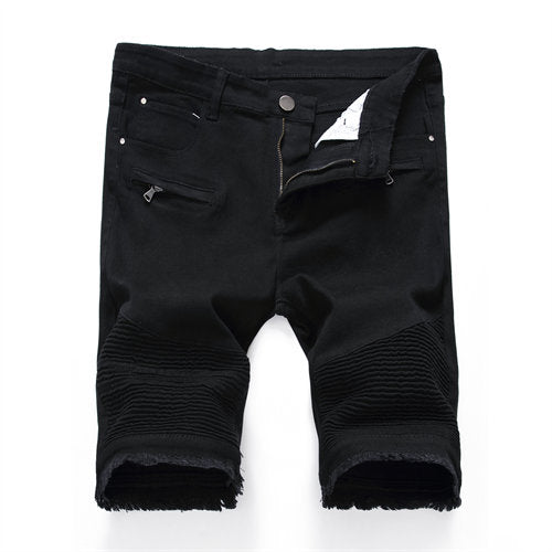 2025 Summer New Men's Jeans Shorts, Pleats and Holes Decorated Shorts, Men Blue White Black Blue Red Denim Shorts