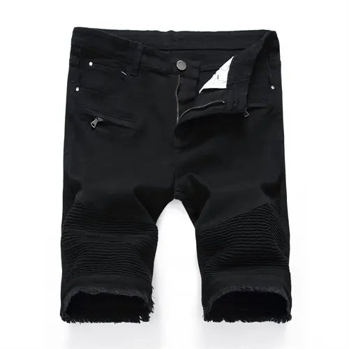 2025 Summer New Men's Jeans Shorts, Pleats and Holes Decorated Shorts, Men Blue White Black Blue Red Denim Shorts