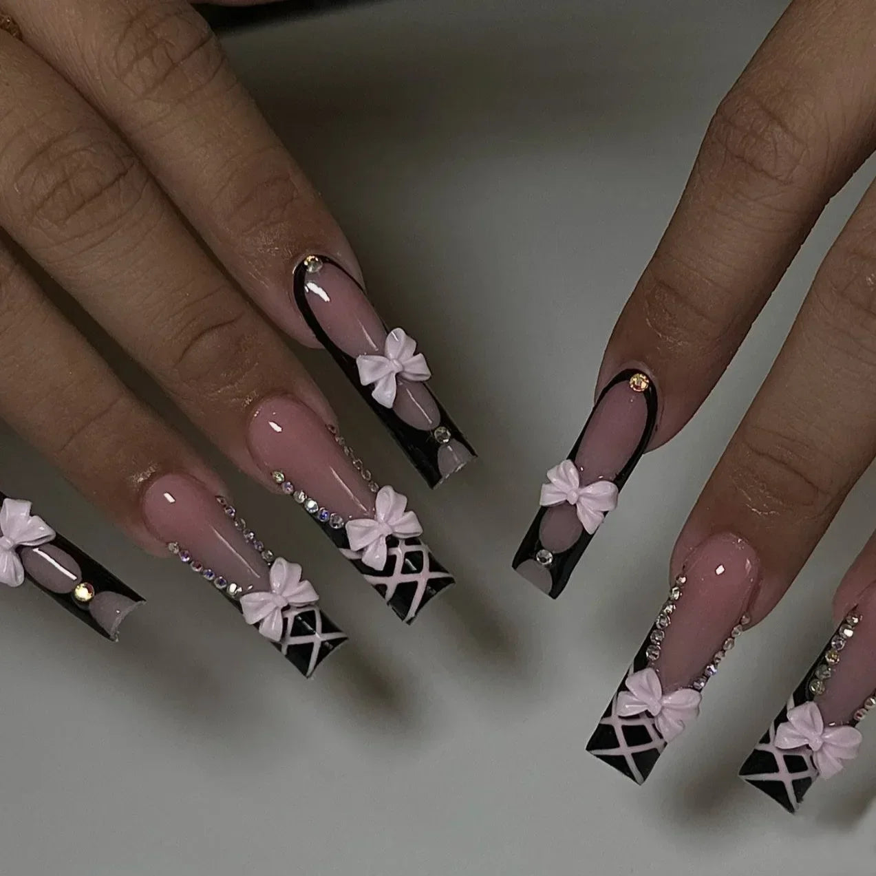 24Pcs Long Ballet False Nails Pink Butterfly with Rhinestones French Design Wearable Fake Nails Glitter Press on Nails Tips Art