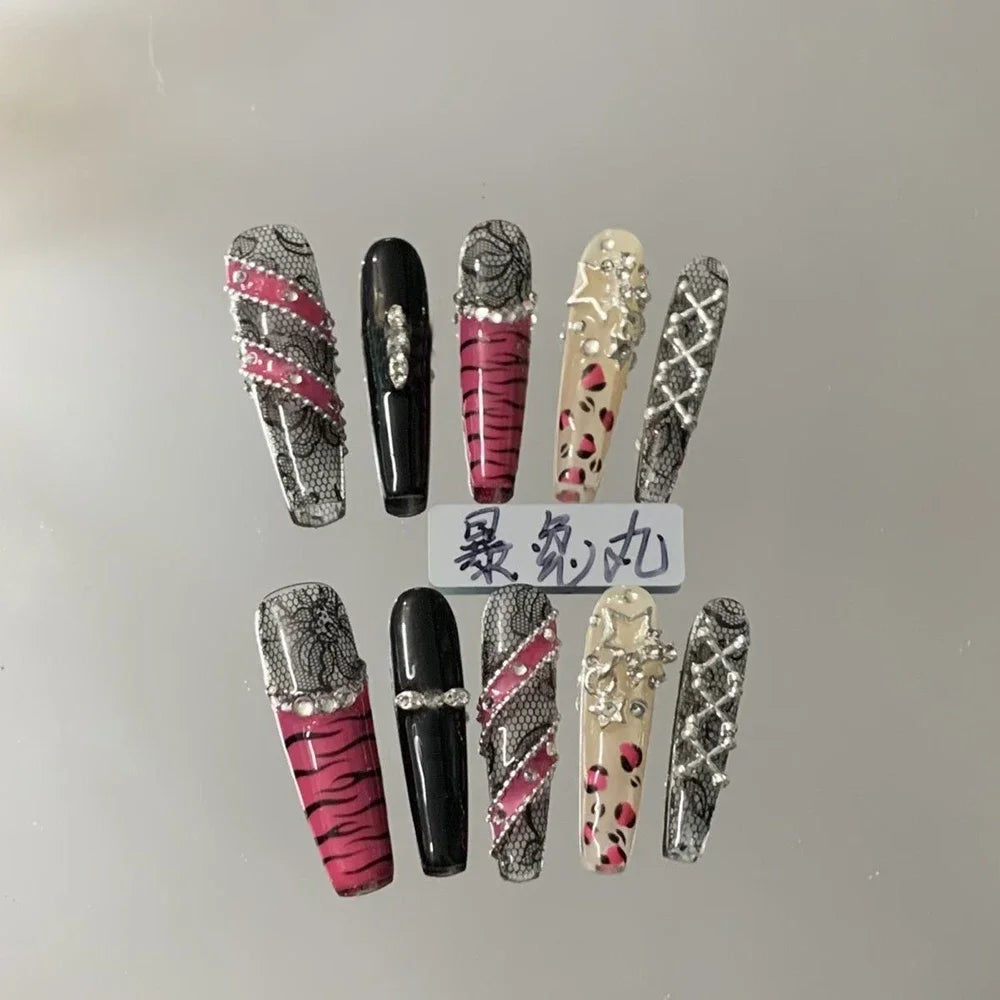 3D Punk Metal Gothic Press On Nail Art Hello Kitty Stiletto Black White Simple Camellia Design Rhinestone Nails Sticker Girls