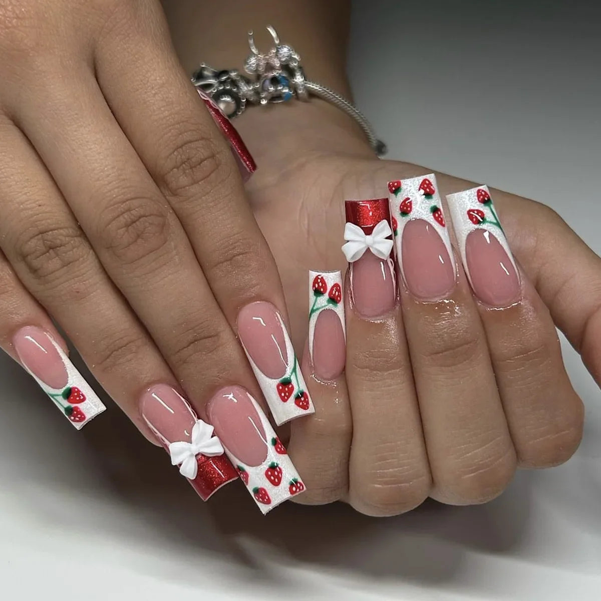 24Pcs Long Ballet False Nails Pink Butterfly with Rhinestones French Design Wearable Fake Nails Glitter Press on Nails Tips Art
