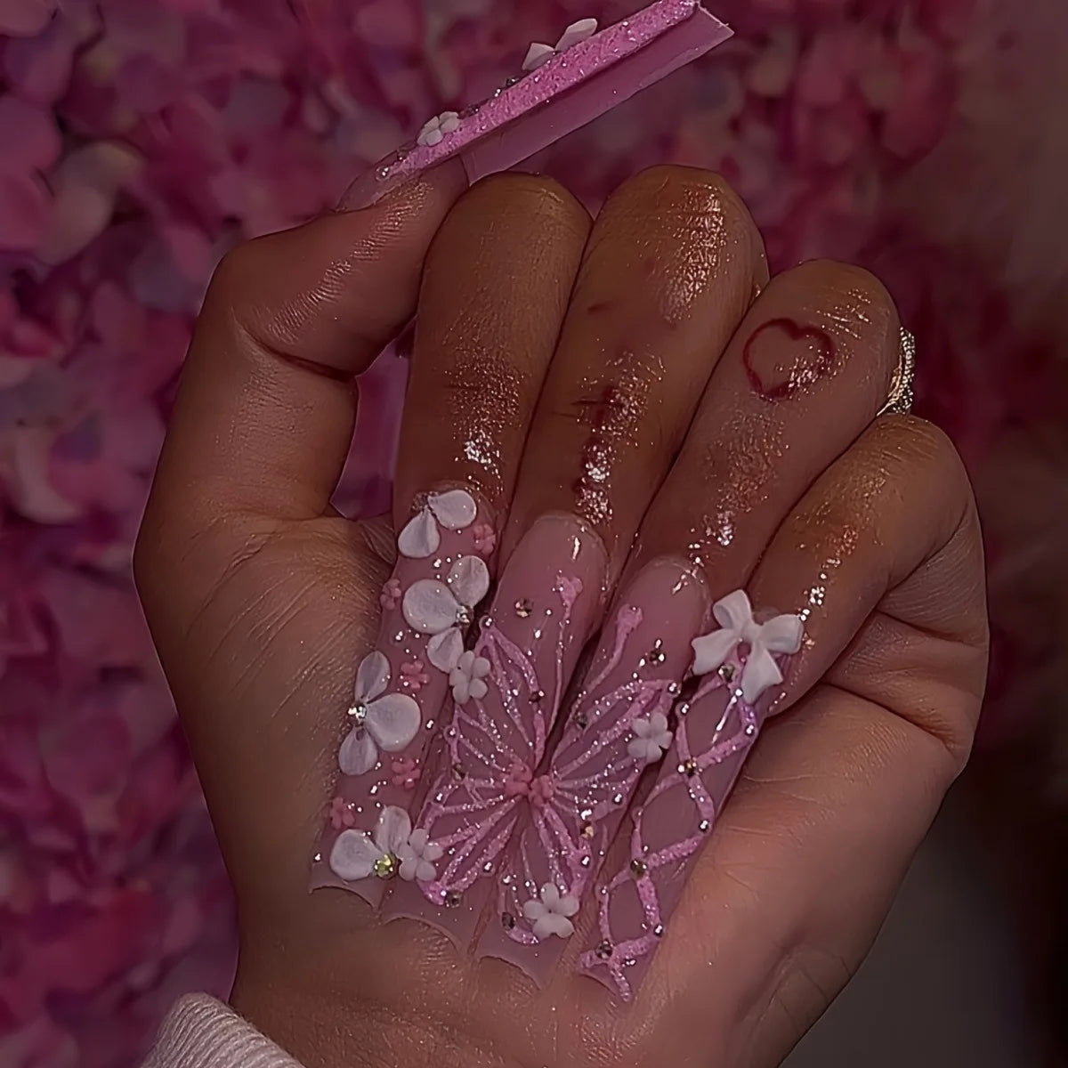 24Pcs Long Ballet False Nails Pink Butterfly with Rhinestones French Design Wearable Fake Nails Glitter Press on Nails Tips Art