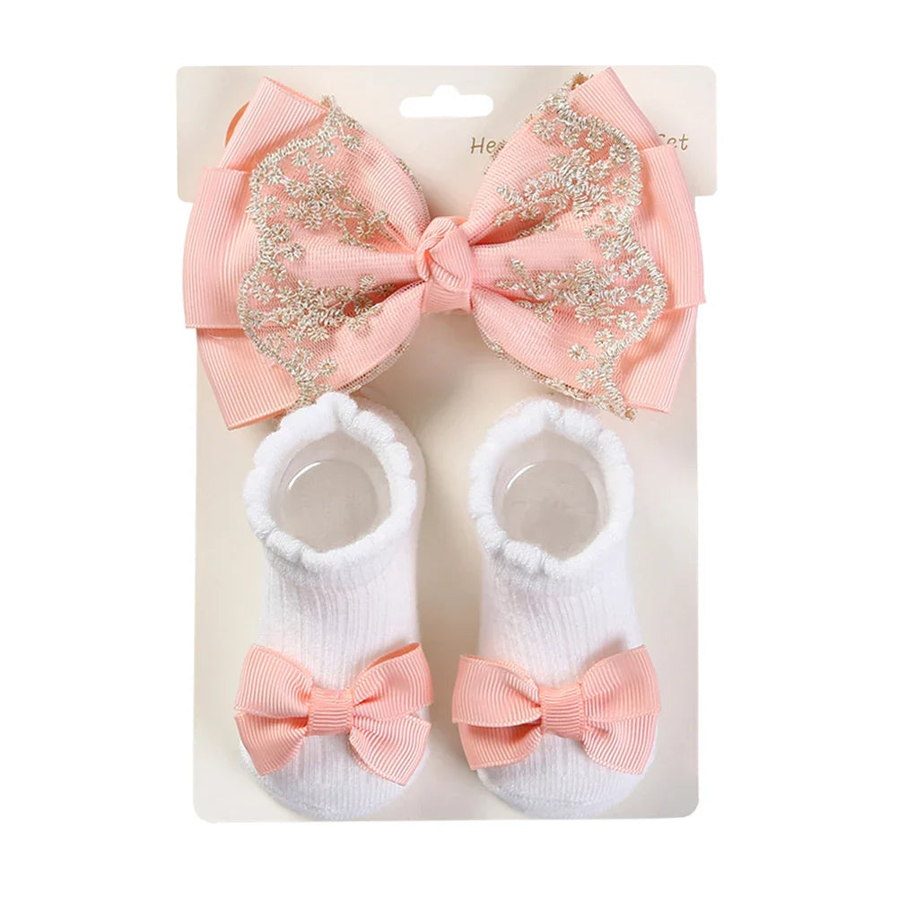 3Pcs/Set Leg Ruffled Cotton Socks Baby Girls  Kids Clothing with Lacework Toddlers Cotton Hair Ribbon Bows Sock Elastic Hairband