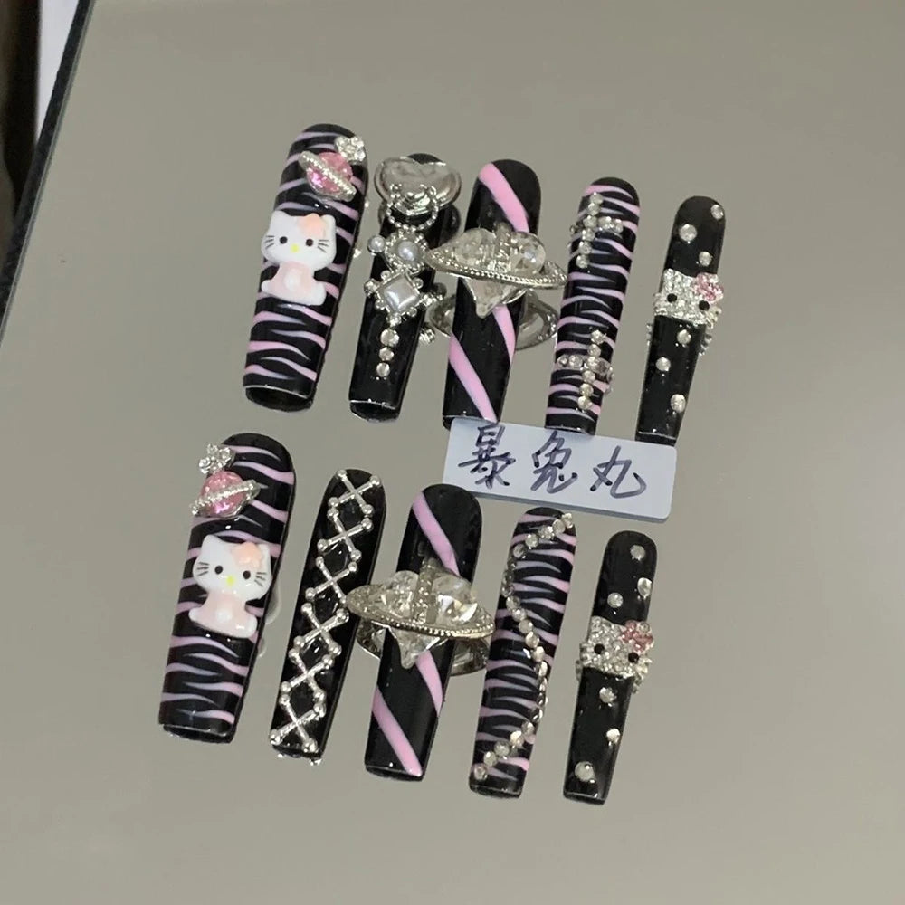 3D Punk Metal Gothic Press On Nail Art Hello Kitty Stiletto Black White Simple Camellia Design Rhinestone Nails Sticker Girls
